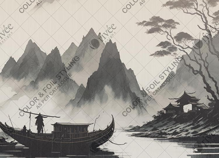 Tranquil Oriental Landscape Wallpaper – Misty Mountains & Fisherman Scene