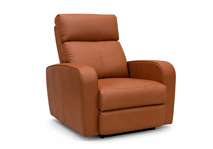Potenza brown leather recliner chair front view with padded armrests