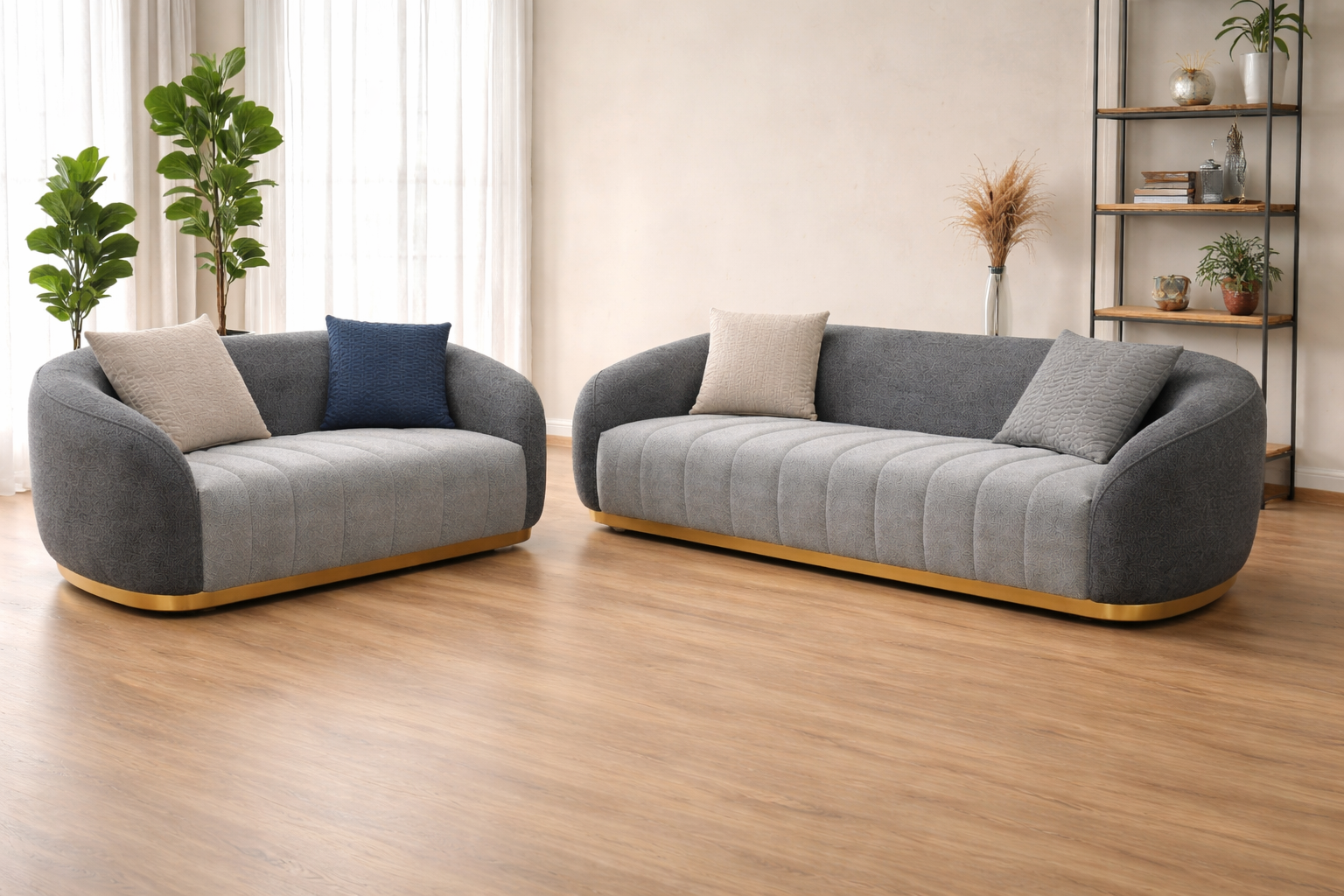 Merry Sofa features a stylish curved design, premium fabric upholstery and plush comfort. Perfect for modern living rooms and luxury interiors.