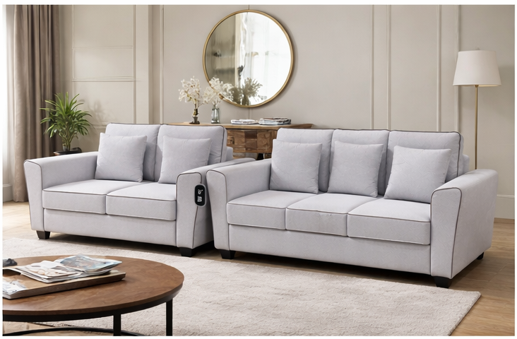 Florence 3+2 seater fabric sofa set in light grey color with modern design in a home living room