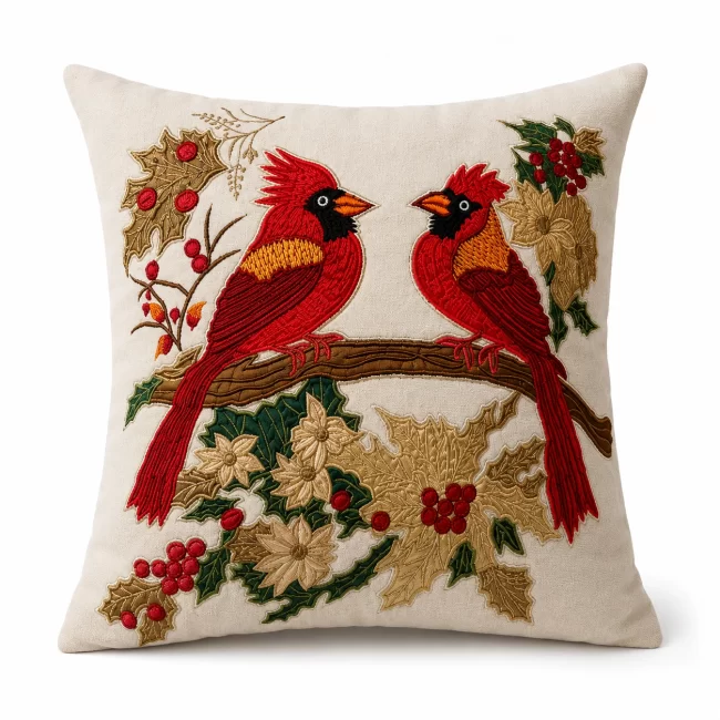 Premium embroidered cushion cover featuring two red cardinal birds on a branch with festive holly leaves, berries, and floral embroidery on an ivory fabric background.