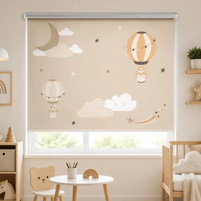 Dreamy Hot Air Balloon Kids Roller Blind installed in a modern beige nursery featuring whimsical balloon, cloud, moon and star illustrations.