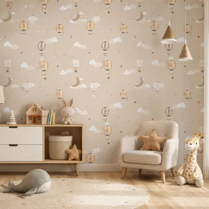 Dreamy beige hot air balloon kids wallpaper installed in a modern nursery featuring clouds, moons and whimsical balloon illustrations.