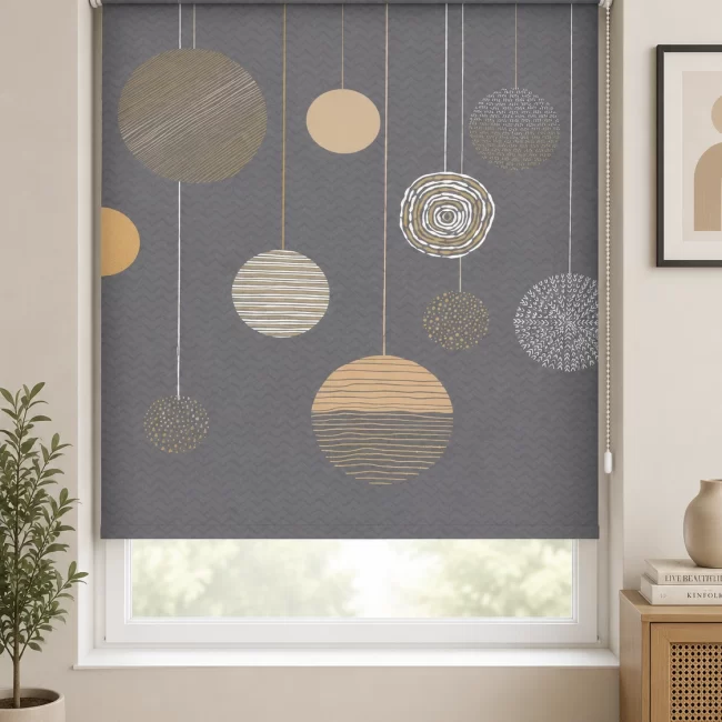 Modern grey geometric PVC roller blind installed on a window in a contemporary living room
